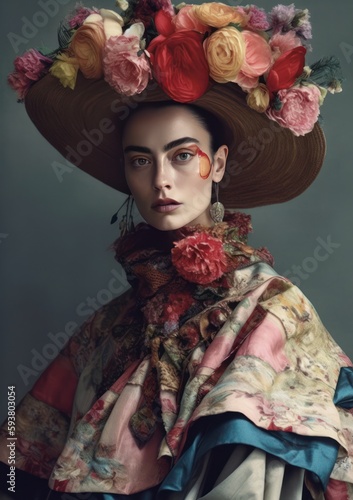 Beautiful Model with a hat, face paint, and flowers. AI-generated Mid-Journey image