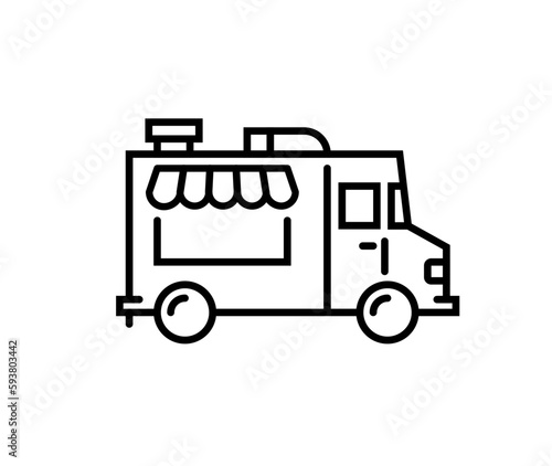 Food truck logo line icon. Vector foodtruck kitchen street van design icon.