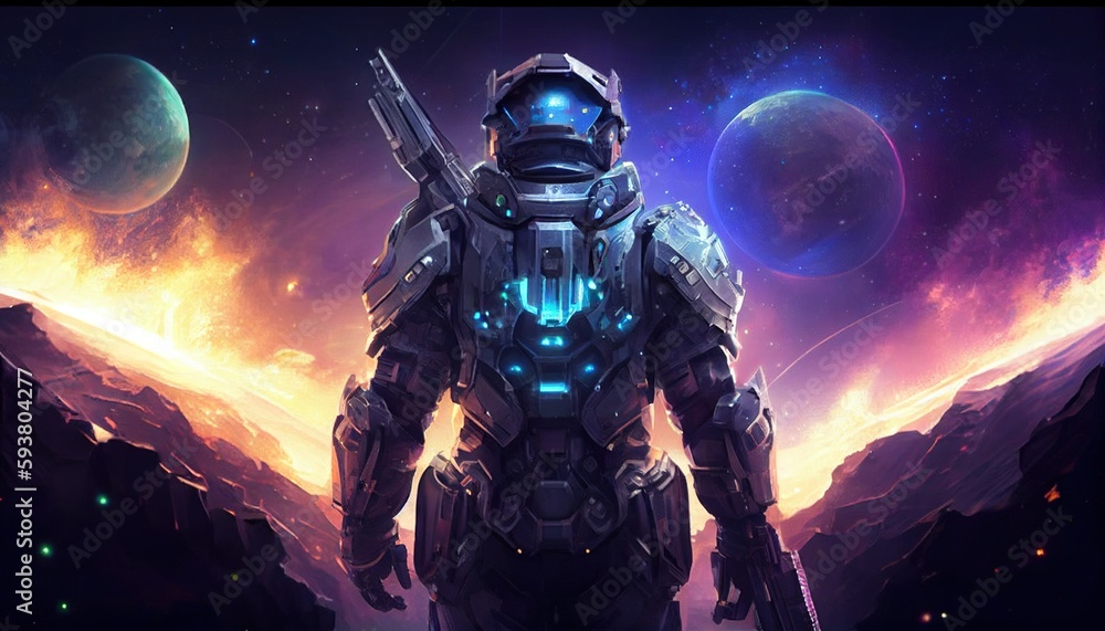 Naklejka premium cosmic defender, digital art illustration, Generative AI