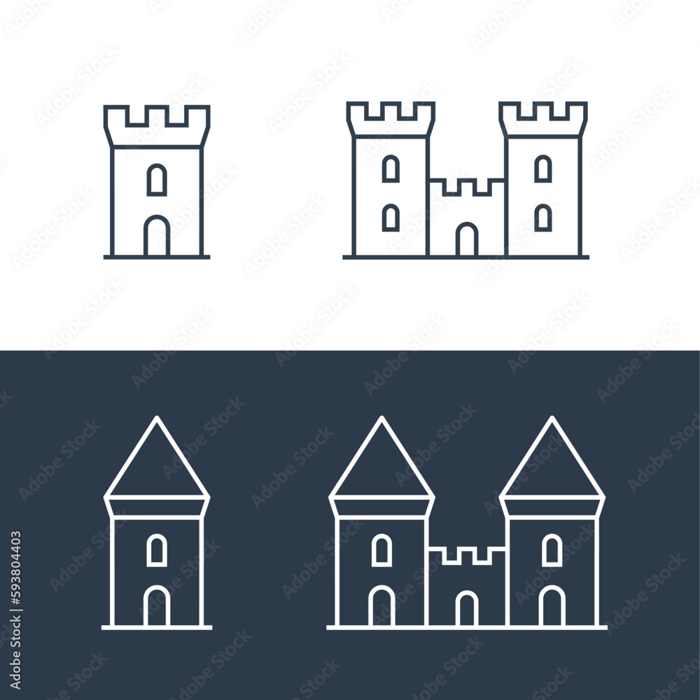 Castle vector icon fort line symbol tower. Castle tower logo stronghold medieval silhouette icon