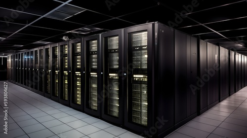 Modern Interior of a data center s server room with racks of powerful computer equipped with high tech servers and databases  Interior of futuristic and servers room with supercomputer  generative ai
