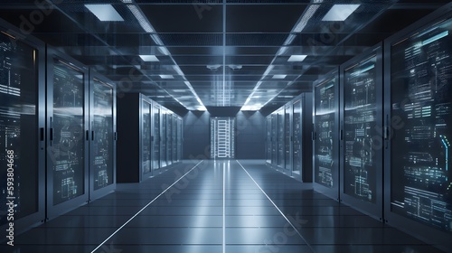 Futuristic Data Center or Server room with Secure Environment, Cloud Storage Facility, and Server Racks for Hosting and Data Management, generative ai