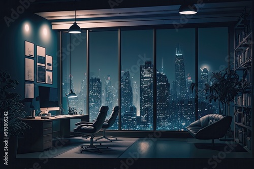 Empty office during the night with an amazing view on the city. No people at the workspace created with generative AI