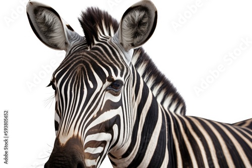 close up of a zebra with a plain white background. Generative AI