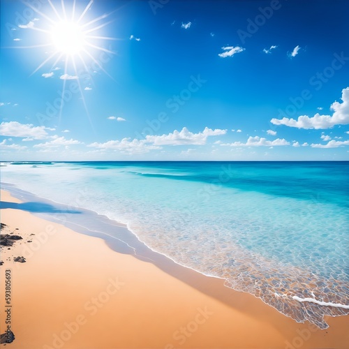 Beautiful sandy beach with turquoise sea water and blue sky. generated ai