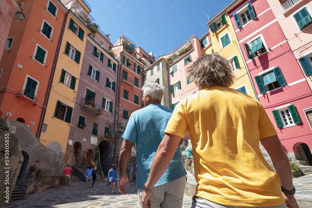 Senior African American couple with gray hair traveling Italian cost. They are visiting Cinque Terre. Created with generative AI 