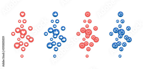 Flying like icon set social media. Thumb up 3d reaction emoji network comment vector logo love marketing like icon.