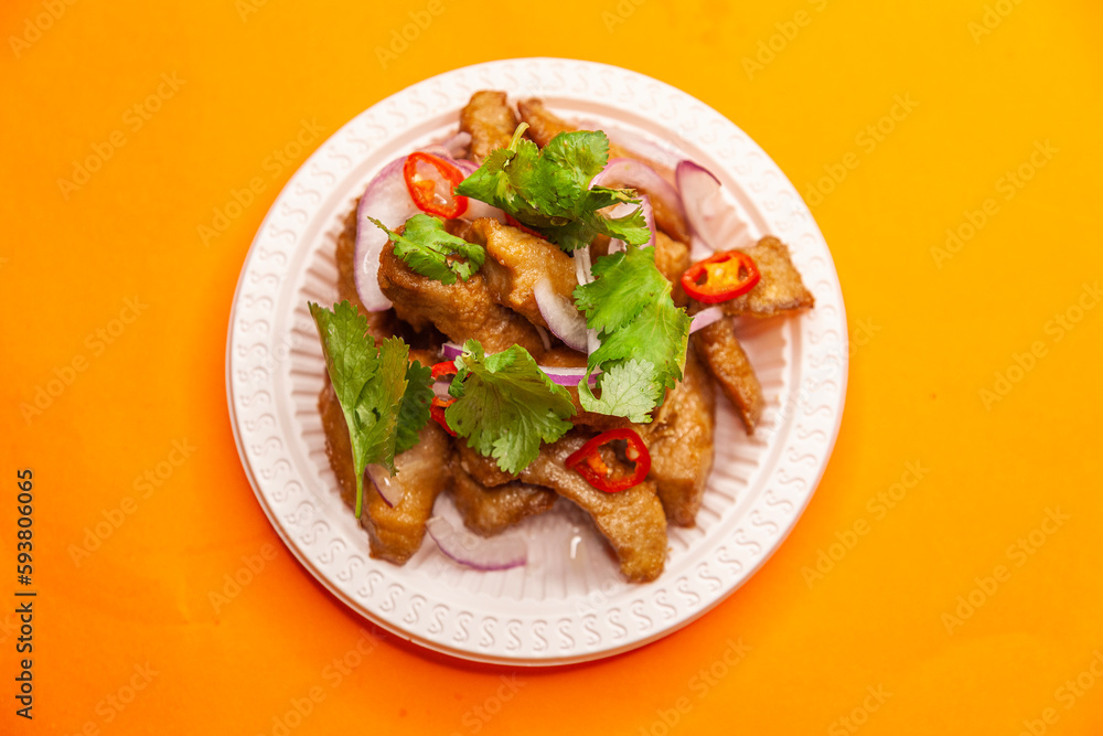 grilled pork snack close up top view grilled pork snack close up top view
