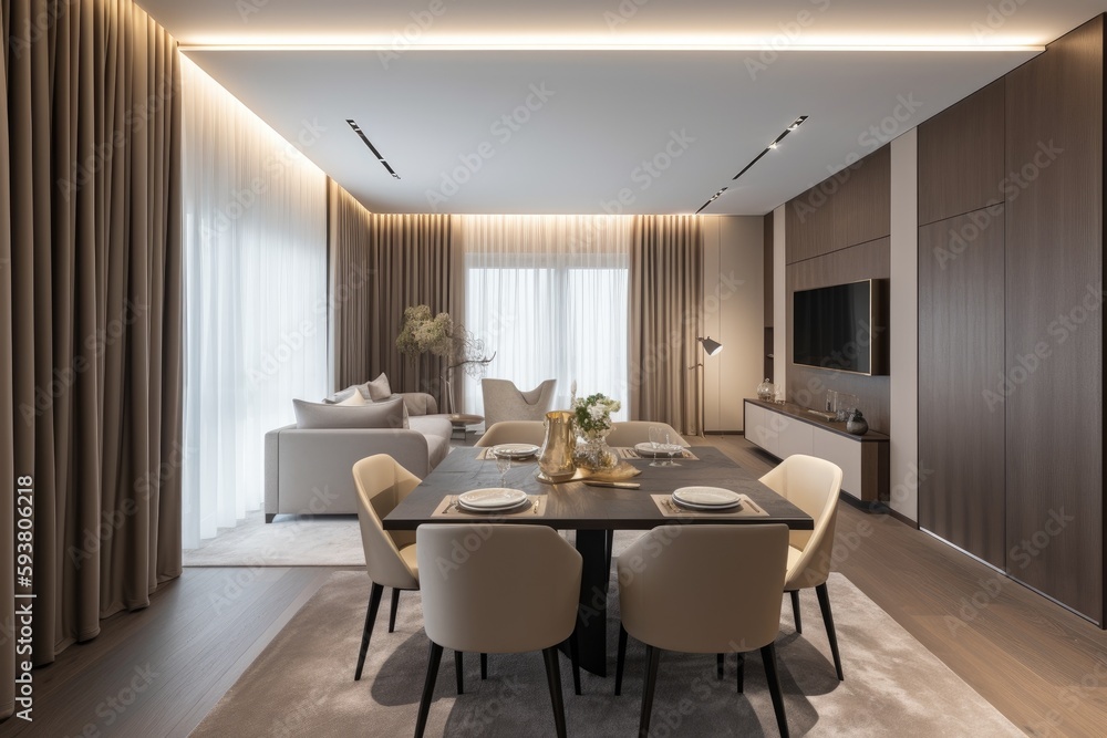Fototapeta premium modern dining room with a sleek table and stylish chairs. Generative AI