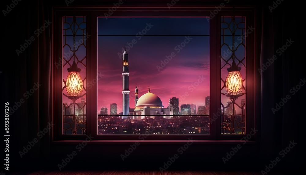 image of a window with a view of a city skyline, with a mosque lit up in the distance to celebrate Eid al-Fitr. Generative ai