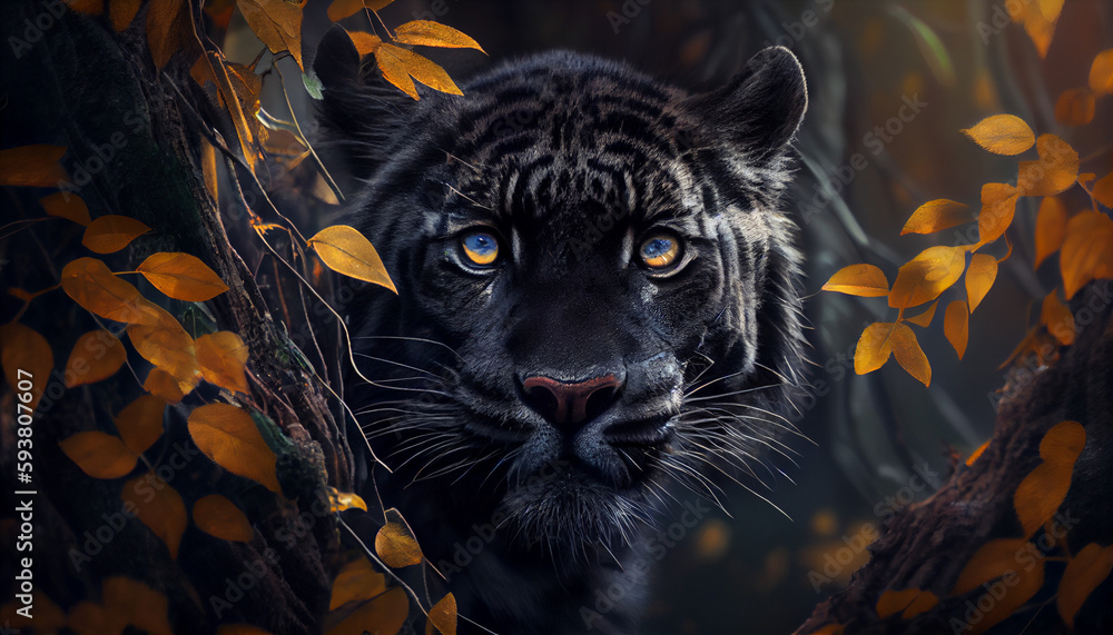 Black tiger in forest close-up. Beautiful close black tiger in forest. Ai generated image Black tiger in forest close-up. Beautiful close black tiger in forest. Ai generated image