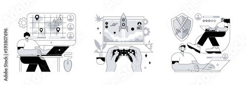 E-gaming industry abstract concept vector illustration set. Strategy online games, pc action game, MMORPG multiplayer, real-time battle arena, player avatar, console controller abstract metaphor.