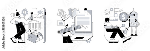 Automobile service abstract concept vector illustration set. Car service, vehicle tuning, self-parking car system, smart driverless technology, auto diagnostics, body shop abstract metaphor.