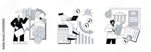 Accountancy service abstract concept vector illustration set. Revenue agency, calculating loss, pay a balance owed, payroll account, tax law, calculate expenses, taxpayer bill abstract metaphor.