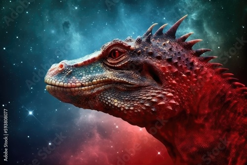 fierce red and black dinosaur in a starry night sky. Generative AI