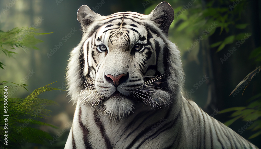 White tiger in forest close-up. Beautiful close white tiger in forest. Ai generated image