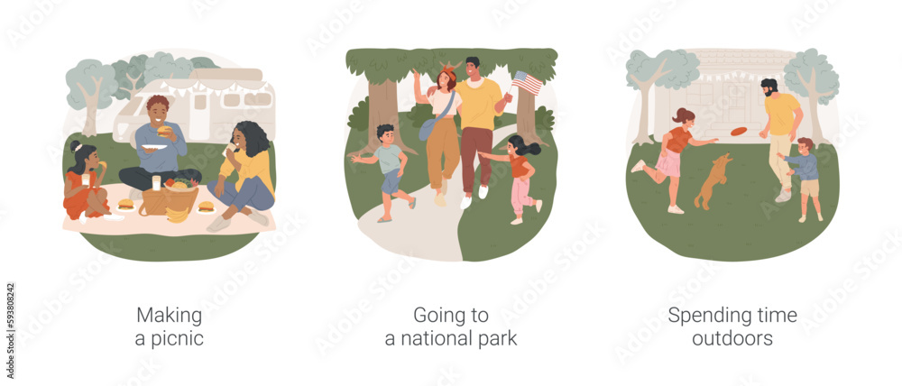Labor Day isolated cartoon vector illustration set. Happy family having a picnic outdoors, Labor Day tradition, going to a national park, spending time with children outdoors vector cartoon.