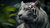 White tiger in forest close-up. Beautiful close white tiger in forest. Ai generated image