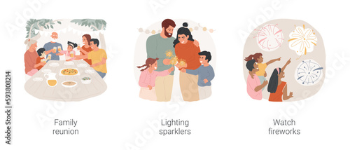 Independence Day isolated cartoon vector illustration set. Family reunion, celebrate together, gathering, diverse people lighting sparklers, watch fireworks, public holiday vector cartoon.