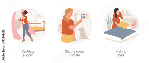 Bedroom preparation isolated cartoon vector illustration set. Before sleep routine, ventilate a room, mother set climate control gadget, home weather station, making bed for baby vector cartoon.
