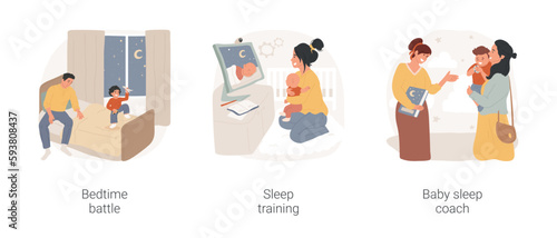 Sleep training isolated cartoon vector illustration set. Bedtime battle, toddler refuse to go to bed, watching how-to training video, baby sleep coach, consultant, calm down problem vector cartoon.