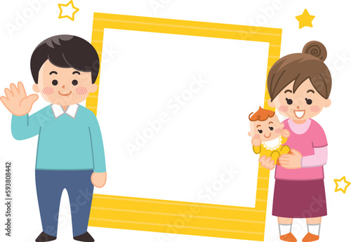 赤ちゃんを抱いた若い夫婦とフォトフレームのイラストセット