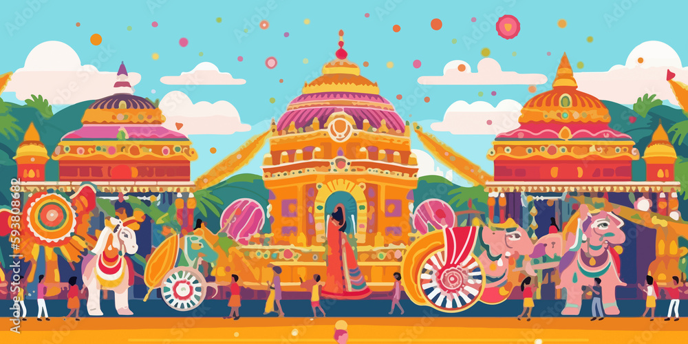 Hand drawn flat illustration of a Rath Yatra, concept background