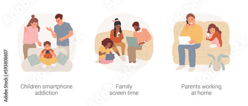 Screen addiction isolated cartoon vector illustration set. Children smartphone addiction, digital overload, family screen time, parents working at home, teleworking, home office vector cartoon.