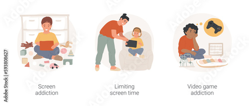 Digital addiction isolated cartoon vector illustration set. Screen addiction, toddler playing on tablet, toys scattered, limiting gadget use time, take away tablet, video gaming vector cartoon.