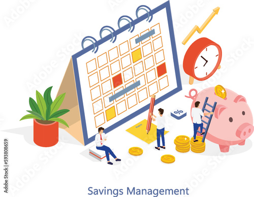 People characters collecting and putting coins in piggy. Financial management, money savings and deposit growth concept. Isometric illustrator vector