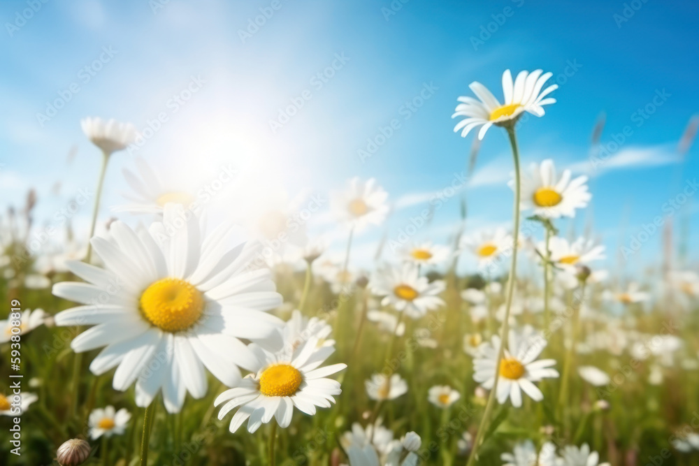 Summer landscape of beautiful chamomile flower in meadow on blue sky background. Generative ai.