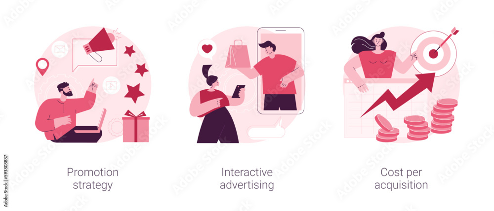 Online product promotion abstract concept vector illustration set. Promotion strategy, interactive advertising, cost per acquisition, customer loyalty, target audience, brand sales abstract metaphor. Online product promotion abstract concept vector illustration set. Promotion strategy, interactive advertising, cost per acquisition, customer loyalty, target audience, brand sales abstract metaphor.