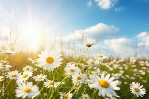 Summer landscape of beautiful chamomile flower in meadow on blue sky background. Generative ai.