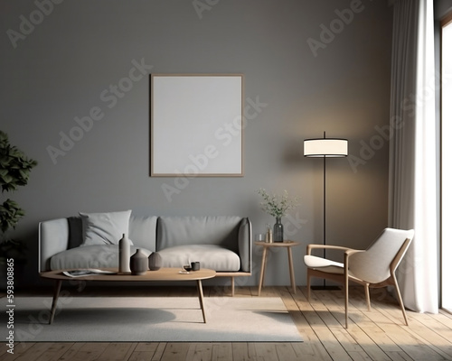 Mockup poster frame on the wall of living room. Contemporary style. Modern interior design. 3D render, 3D illustration.