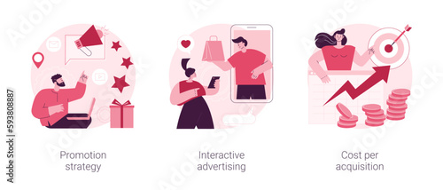 Online product promotion abstract concept vector illustration set. Promotion strategy, interactive advertising, cost per acquisition, customer loyalty, target audience, brand sales abstract metaphor.