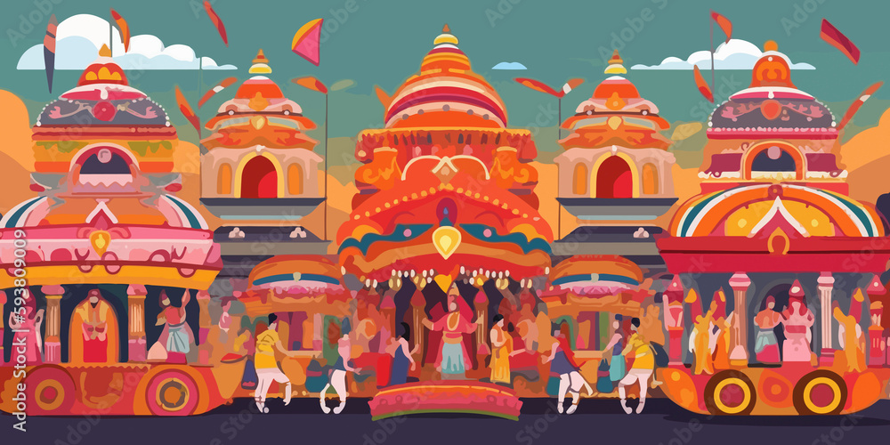 Hand drawn flat illustration of a Rath Yatra, concept background