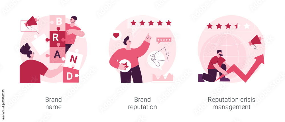 Brand public relations abstract concept vector illustration set. Brand name and reputation, crisis management, identity guidelines, logo and trademark, online ranking and feedback abstract metaphor. Brand public relations abstract concept vector illustration set. Brand name and reputation, crisis management, identity guidelines, logo and trademark, online ranking and feedback abstract metaphor.