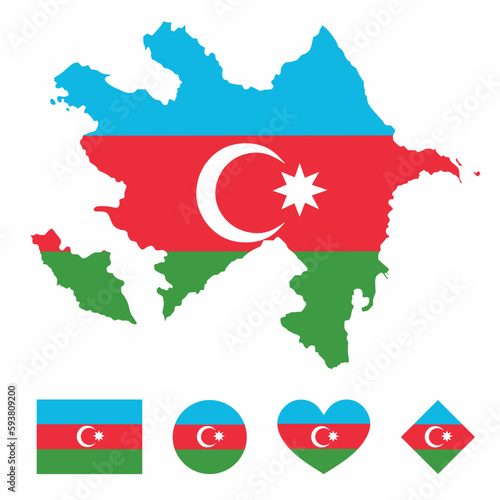 Vector of Azerbaijan map flag with flag set isolated on white background. Collection of flag icons with square, circle, love, heart, and rectangle shapes.