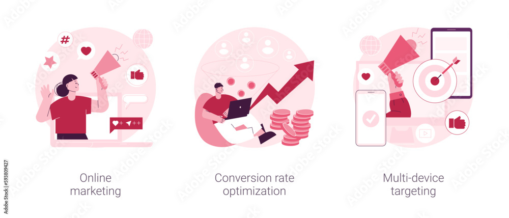 Internet advertising abstract concept vector illustration set. Online marketing, conversion rate optimization, multi-device targeting, SEO optimization, lead attraction, strategy abstract metaphor.