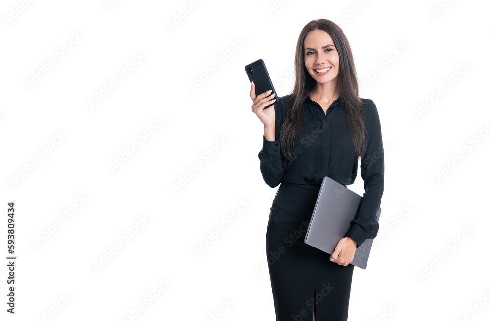 Happy boss holding mobile phone and laptop. Woman boss user of mobile and computing devices Happy boss holding mobile phone and laptop. Woman boss user of mobile and computing devices