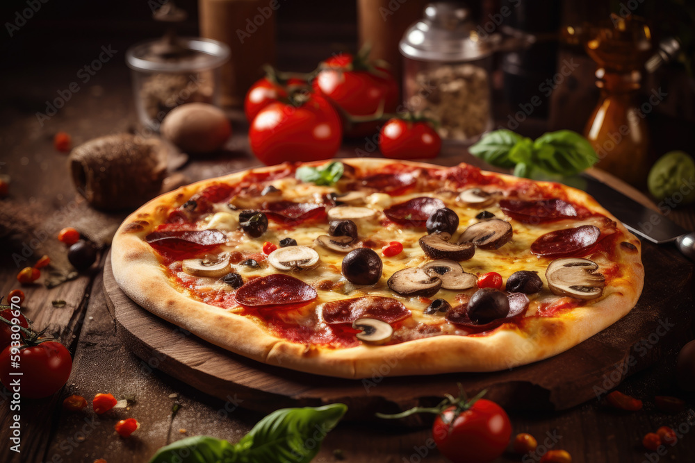 Italian pizza with pepperoni, cheese, mushrooms, olives and tomato sauce. Generative AI
