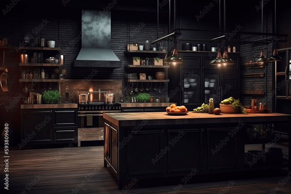 Kitchen interior. Modern minimalistic black design. Generative AI