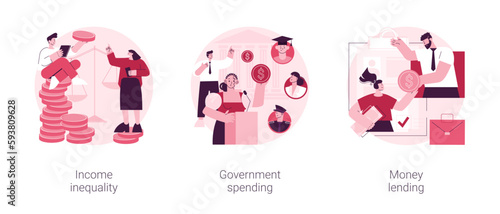 Money distribution abstract concept vector illustration set. Income inequality, government spending, money lending, salary gap, country budget, bank credit, individual loan, welfare abstract metaphor.