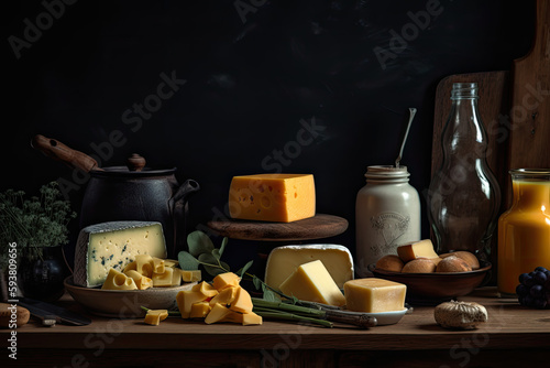 Different types of cheese on wooden table. Generative AI