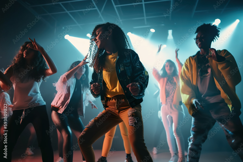 Fototapeta premium Young guys and girls dance on stage in a nightclub, AI generative illustration