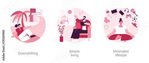 Voluntary lifestyle abstract concept vector illustration set. Downshifting, simple living, minimalist lifestyle, escape, find balance, reduce consumption and buying, low expenses abstract metaphor.
