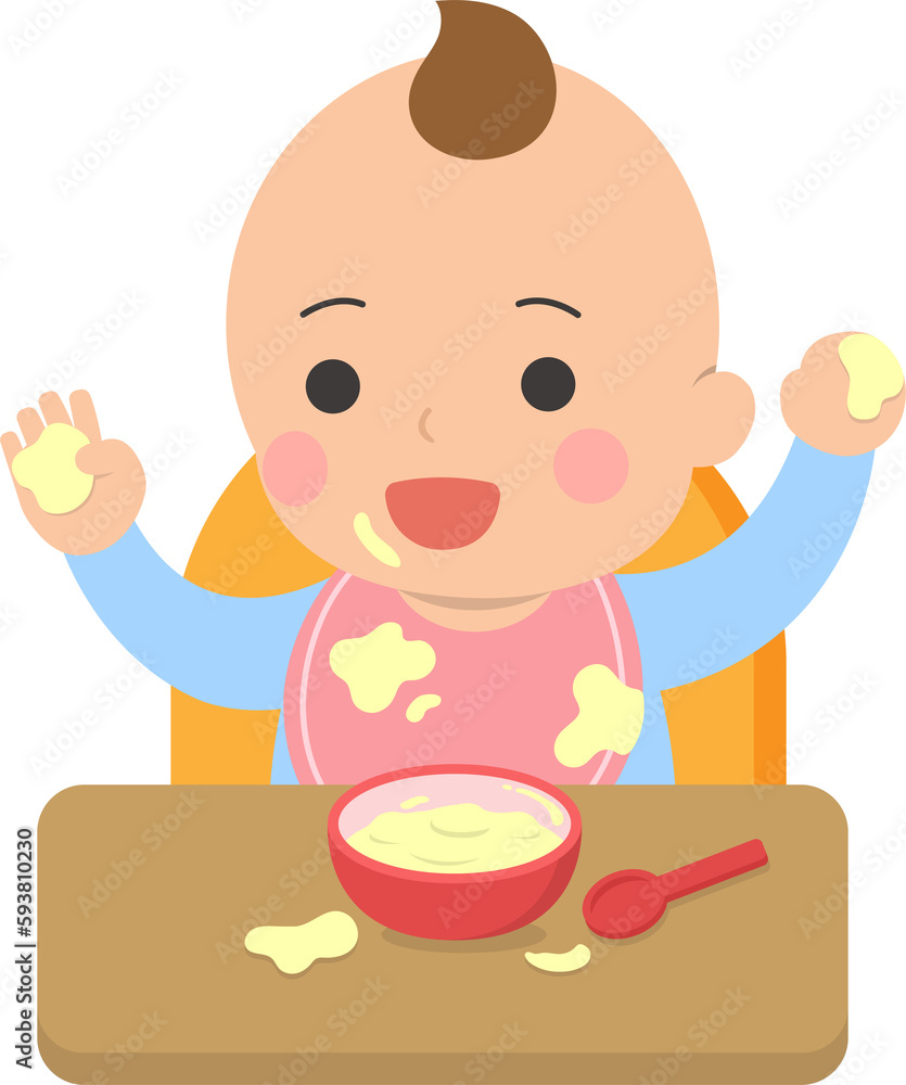 Baby grabbing puree, milk cereal or fruit puree with hands, vector illustration Baby grabbing puree, milk cereal or fruit puree with hands, vector illustration