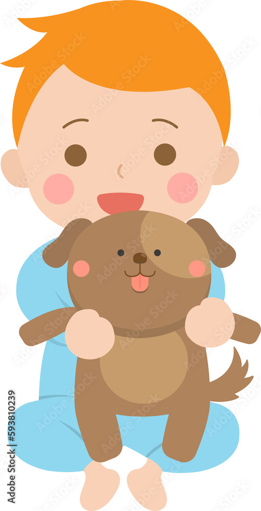 Baby playing with dolls happily, vector character illustration Baby playing with dolls happily, vector character illustration