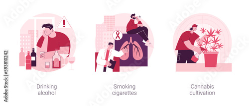 Unhealthy habits abstract concept vector illustration set. Drinking alcohol, smoking cigarettes, cannabis cultivation, addiction rehabilitation, health risk, medical marijuana abstract metaphor.