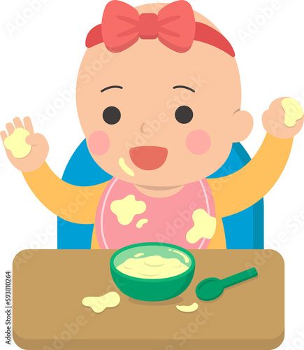 Baby grabbing puree  milk cereal or fruit puree with hands  vector illustration